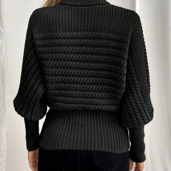 Black High Collar Cable Knit Women's Sweater - Picture 2 of 6